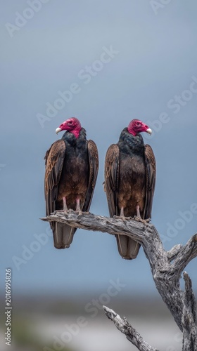 Two Turkey Vultures Perched on a Dead Branch