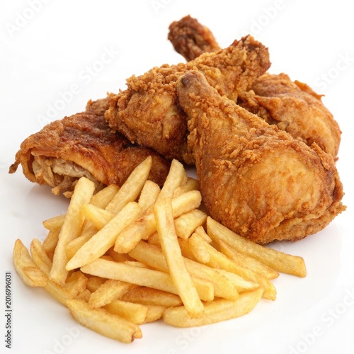 Fried chicken tenders with golden crispy french fries on white plate