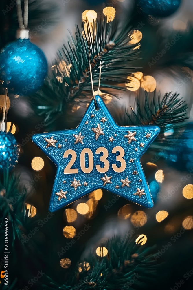 Fototapeta premium Festive Star Ornament for 2033 Celebration, Shimmering Globes, and Joyful Bokeh Background Design