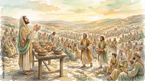 Jesus feeding the multitude with bread and fish. Watercolor illustration of the biblical miracle. Religious scene showing the Savior blessing food for a large crowd of people.