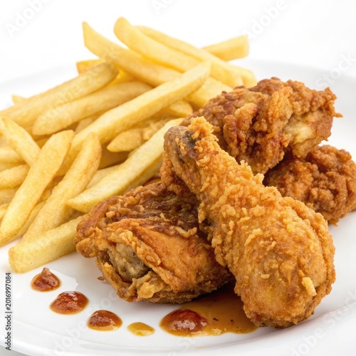 Fried chicken tenders with golden french fries on white plate