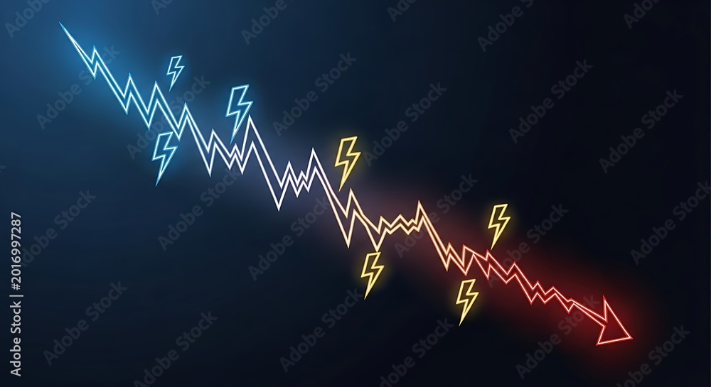 Obraz premium A downward trending line graph illustration with lightning bolts in blue, white, yellow, and red on a dark background.