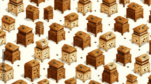 micro cartoon bee hives pattern on a white background oly full images no half cut pictures -