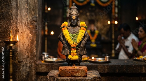 Close-up of Lord Vitthal Intricate Black Basalt Stone Idol Decorated with Yellow Flower Garland on Brick for Ashadhi Ekadashi Festival