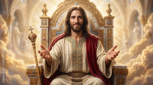 Jesus sitting on a grand golden throne in heaven with open arms. Divine religious scene depicting the Christ king. Spiritual concept of faith, salvation and divine love for Easter.
