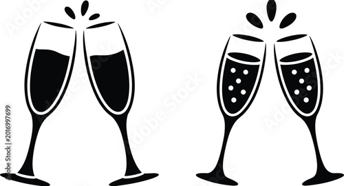 Foto Two pairs of black silhouette champagne glasses clinking with bubbles and splash