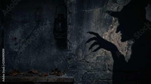 Silhouette of scary witch with long claws and pointed hat on stone wall background. Horror Halloween concept with creepy shadow and antique lantern for spooky night atmosphere.