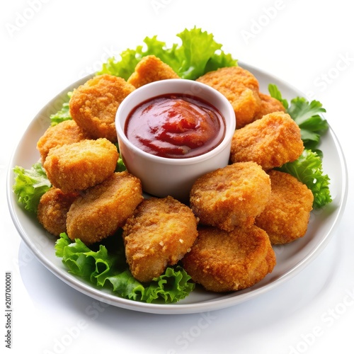 Fried golden croquettes with dipping sauce on white plate with lettuce garnish
