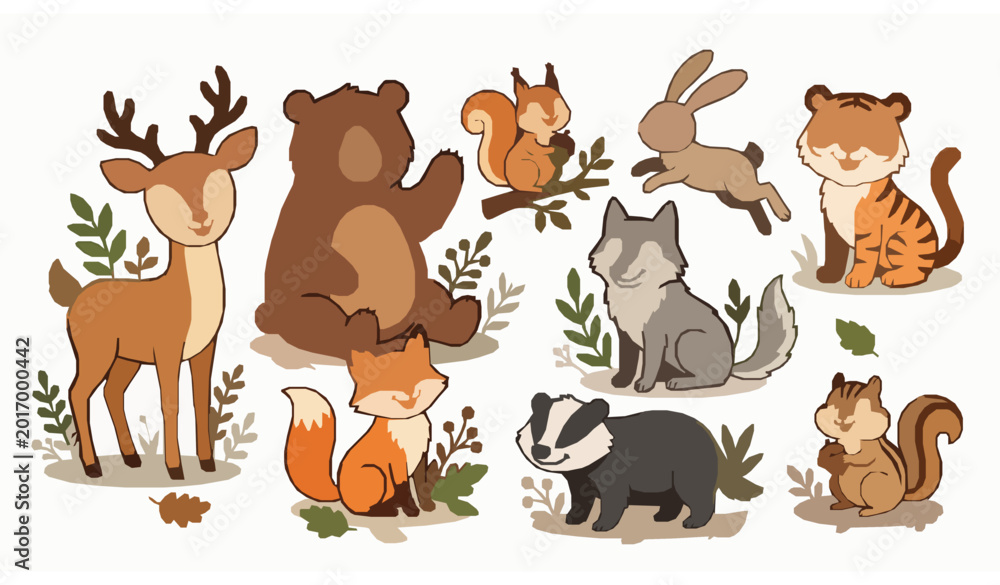 Obraz premium Woodland animal cartoon vector set cute forest wildlife illustration