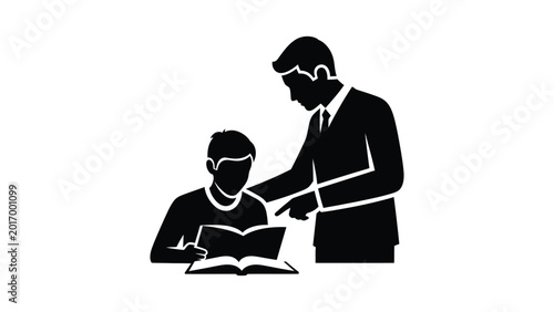 Black and white silhouette of a teacher helping a student with studies.