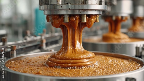 Liquid caramel flows from industrial machinery in a food processing facility, showcasing production efficiency and quality control.