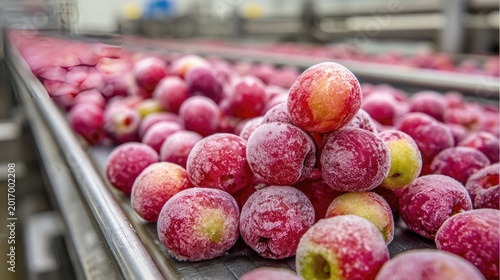 Freshly Frozen Apples on Conveyor Belt in Food Processing Facility with Industrial Equipment and Production Flow
