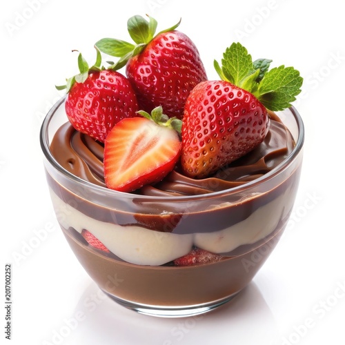 Fresh strawberries and vanilla ice cream in chocolate sauce dessert glass