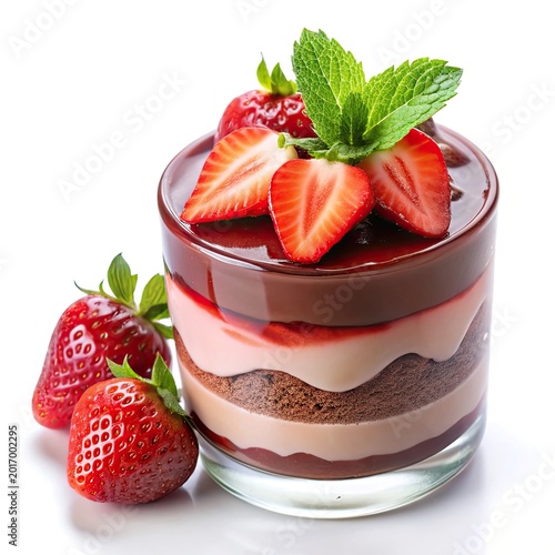 Layered dessert glass with fresh strawberries and mint garnish on white background