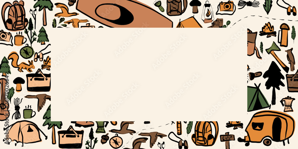 Fototapeta premium Camping and tourism. Vector illustration of a banner, frame in a doodle style, freehand. 