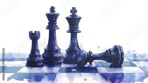 A sophisticated watercolor illustration of dark, glossy chess pieces on a reflective board, featuring a fallen king 