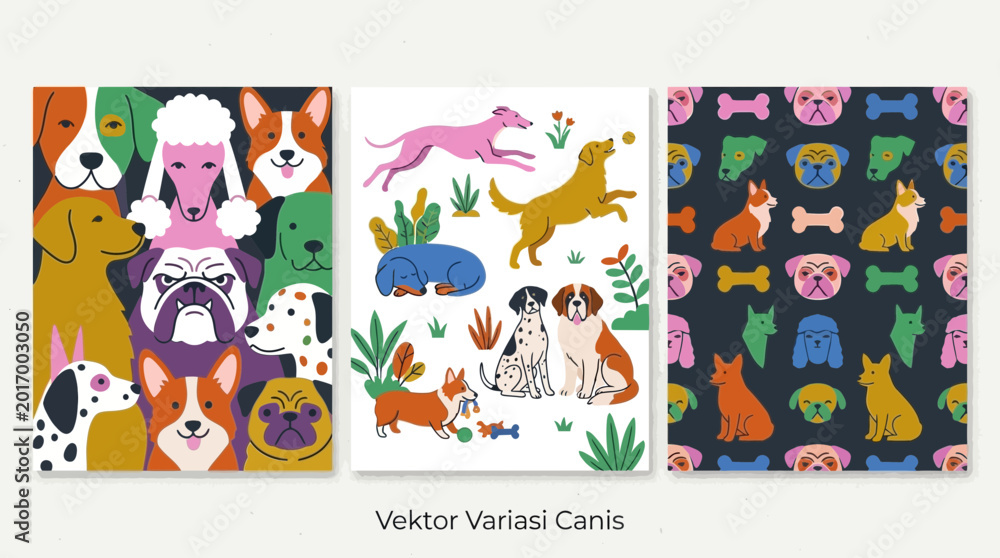Fototapeta premium Colorful Vector Illustrations of Diverse Dog Breeds Featuring Portraits, Full Body Poses, and a Seamless Bone Pattern Set