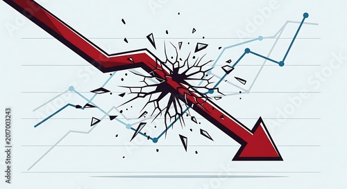 A sharp red arrow crashes through a graph causing a financial market downturn