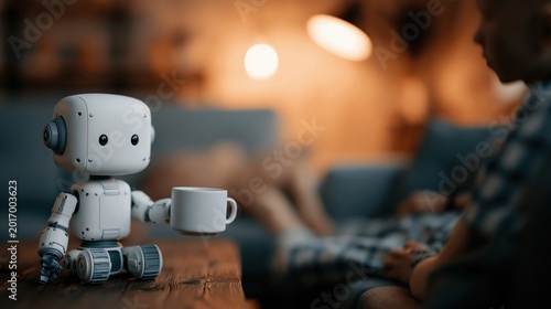 Robot bringing tea for customer indoors, human and robot