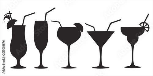 Canvastavla Five black silhouettes of cocktail glasses with straws and garnishes on white dr
