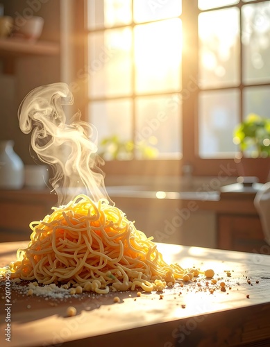 A steaming pile of pasta on a wooden table