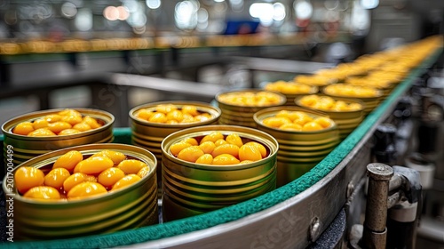 Yellow canned fruits on conveyor belt in modern food processing facility showcasing industrial production and packaging