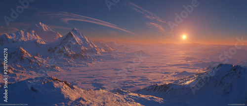 Epic Frozen Alien Valley Beneath Giant Ringed Planet at Sunrise