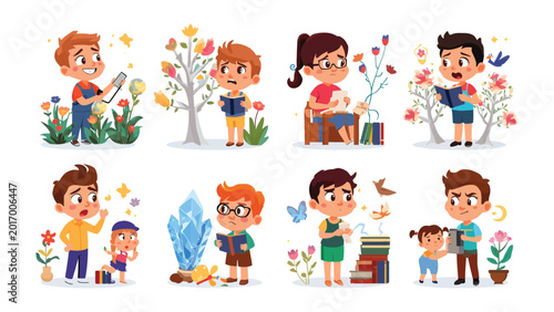 Принти на полотні Children in Wonder: Children engrossed in the magic of books and imagination, each encountering unique scenes filled with wonder and exploration