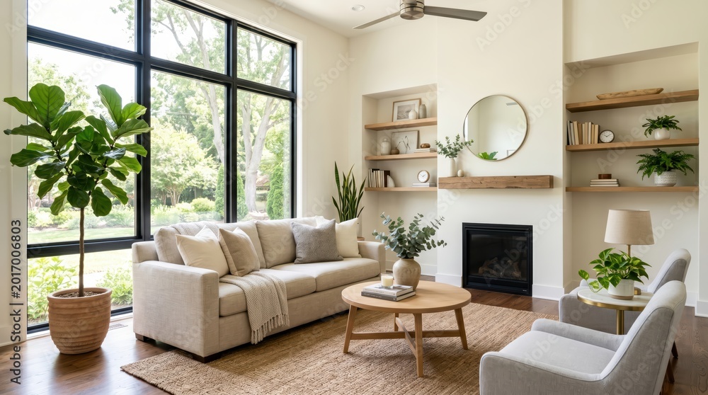 Fototapeta premium Modern living room sofa arranged near large window