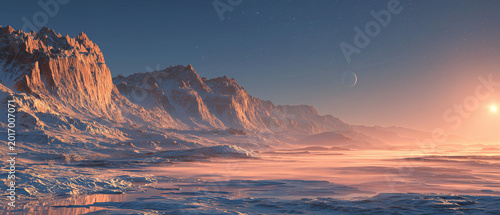 Epic Frozen Alien Valley Beneath Giant Ringed Planet at Sunrise