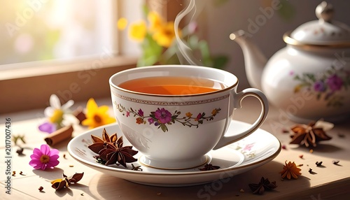 A steaming teacup on a saucer with flowers and spices