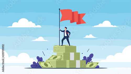 Successful entrepreneur planting flag on high stack of money bills representing financial conquest and achievement.