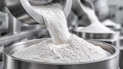 Industrial process of pouring fine white powder into containers in a manufacturing facility for various applications