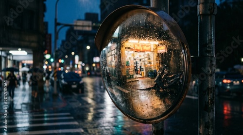 Convex Mirror Reflection of Rainy City Street at Night