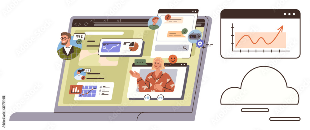 Fototapeta premium Remote work, video conferencing, analytics, communication tools, teamwork, cloud computing. A laptop screen showing virtual meetings and data graphs. Remote work and video conferencing concept