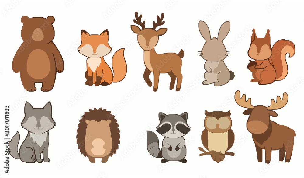 Fototapeta premium Forest animals vector set cute woodland wildlife cartoon illustration