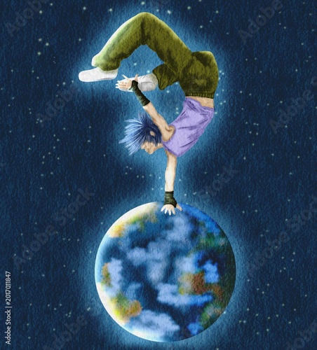 Bild auf Leinwand Watercolor illustration of a breakdancer balancing on planet Earth in starry spa