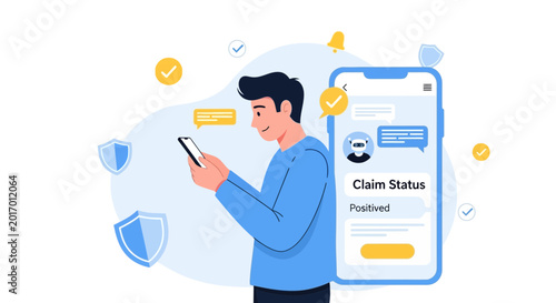 Man Checking Phone Notification for Claim Status, Positive Result and Security Icons