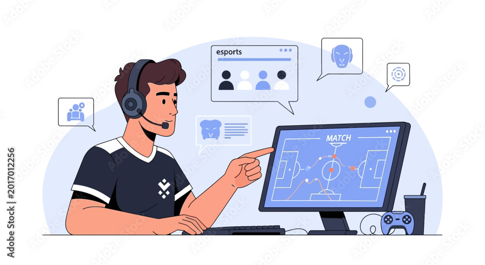 Fototapeta premium Esports gamer with headset pointing at game strategy on computer screen