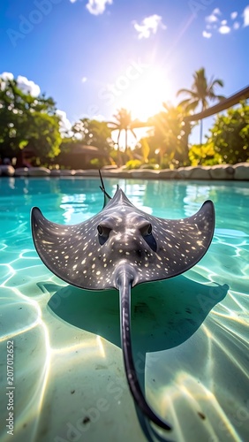 A stingray swims in shallow, crystal-clear tropical waters