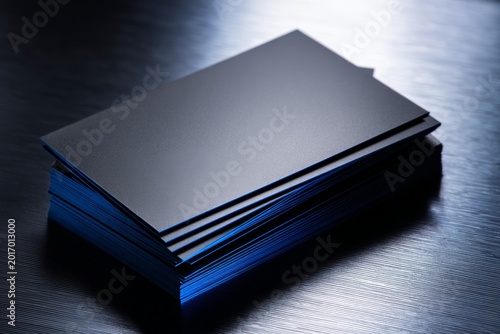 Stack of premium blank black business cards with blue painted edges on a dark metallic surface, luxury corporate identity mockup for professional branding