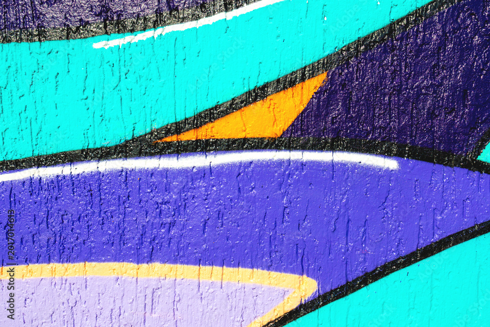 Fototapeta premium Abstract street art with turquoise, purple, orange shapes in urban graffiti style. Retro 90s, Y2K influence, bright colors, bold lines. Digital art, posters, creative banner, summer visuals.