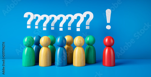 Wooden colorful figurines in a group with question marks and exclamation mark above, one red figure stands out as leader or speaker on blue background - 3D illustration