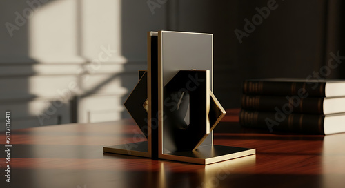 Modern bookends holding books on wooden table with book arrangement