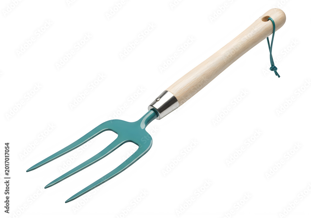 Fototapeta premium teal hand garden fork tool with wooden handle and metal cultivator head for planting and soil maintenance on transparent background