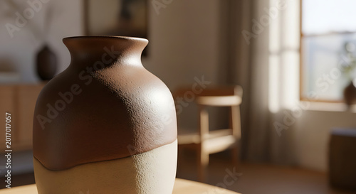 Brown and beige ceramic vase on wooden table near window with window light