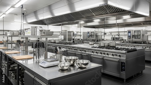 Modern commercial kitchen with stainless steel appliances and equipment