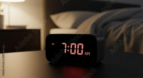 Modern digital alarm clock displaying 7:00 am on a bedside table with a modern digital alarm clock