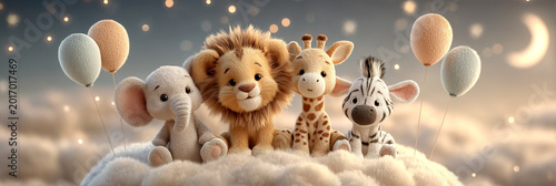 A Group of Adorable Baby Animals Sit on a Soft Cloud With Pastel Balloons Under a Dreamy Starry Sky, Perfect For Calming Nursery Decor. Generative Ai.