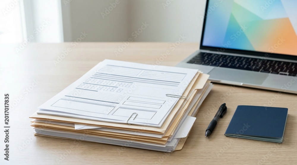 Obraz premium Stack of official documents on wooden desk with laptop and notebook 